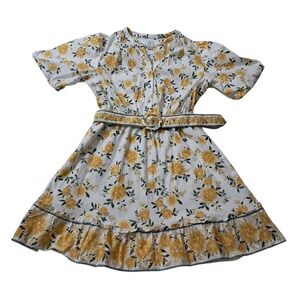 Joie Dress Womens 14 White Yellow Mini Puff Sleeve Ruffle Pockets Belted Cottage